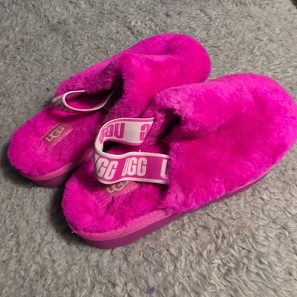 UGG Fluff Yeah Slide Pink Shearling Slingback Slippers Mules Girl‎ 2 Excellent